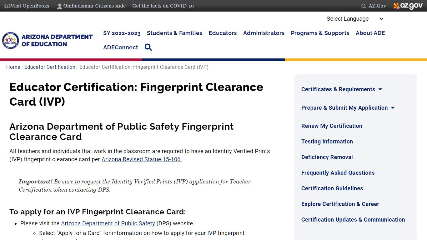Educator Certification: Fingerprint Clearance Card (IVP)